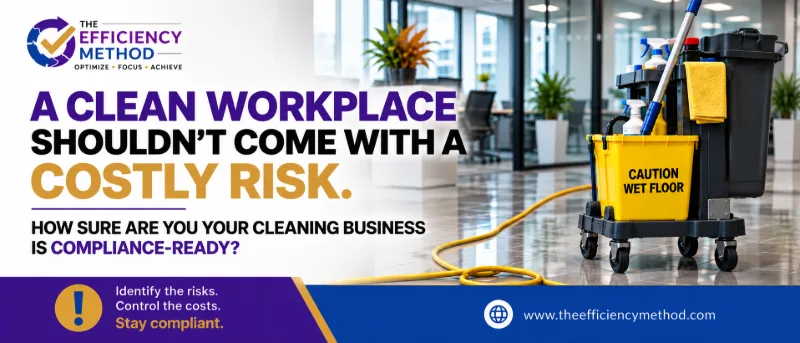Commercial cleaning equipment in a tiled workplace with a caution wet floor sign