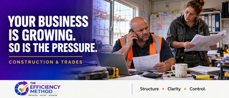 Construction and trades site office with paperwork and people managing a busy working day.